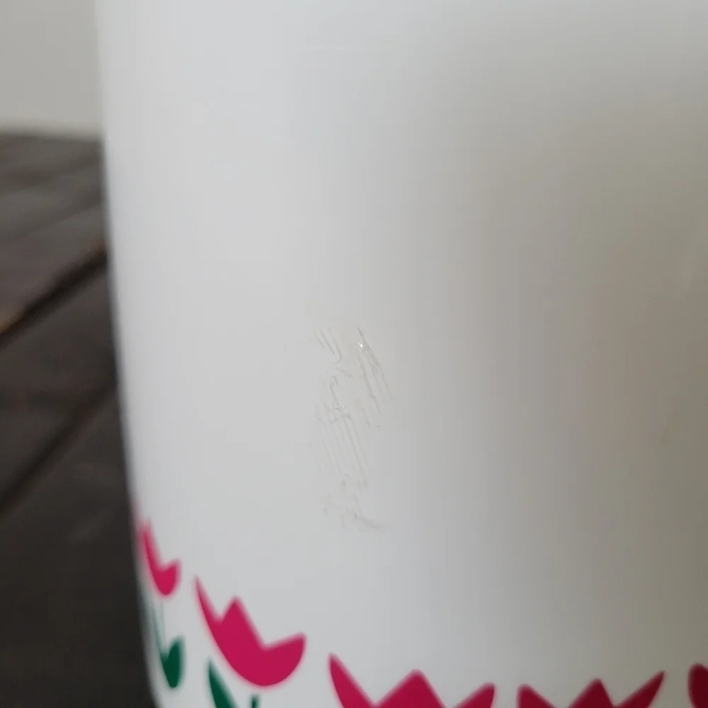 Tupperware Vintage White Plastic Canister Jar Green Lid Pink Tulips Flowers